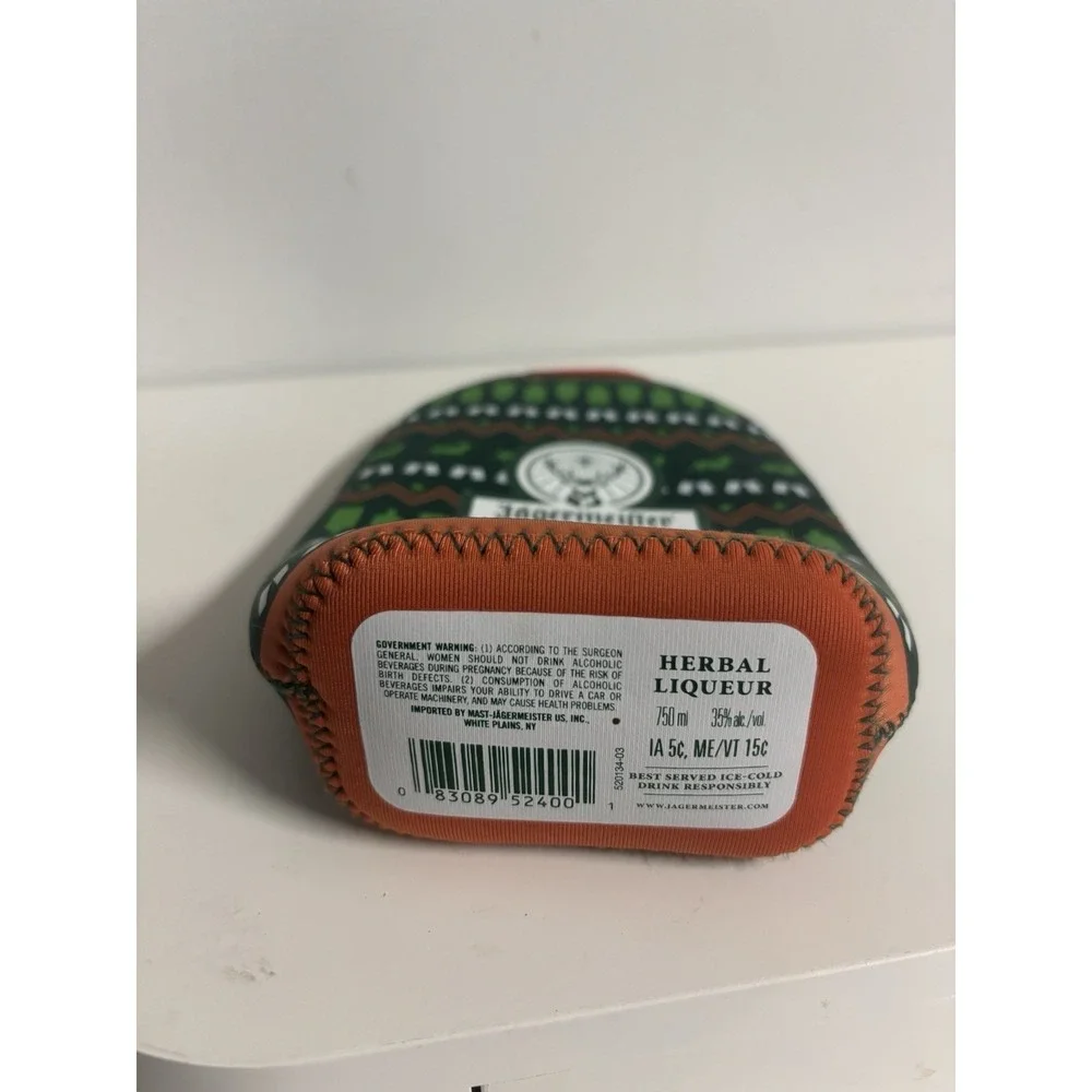 Jagermeister Bottle Cooler Zip Sleeve Holiday Theme Ugly Sweater 750ml Green